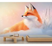 Mural de zorro rojo nieve con dibujos animados de zorro, papel pintado de animales de invierno, mural gigante para el hogar, sala de estar, comedor, decoración de pared (no autoadhesivo)