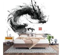 Mural Decorativo para Pared de TNT XXL 400x280 cm, DragóN Chino En Pintura de Tinta Papel Pintado Decoración Interior, Negro Revestimiento de Pared Fotomural para Oficina, Pasillo y Comedor 200x140 cm