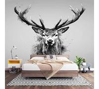 Mural Decorativo para Pared de TNT XXL 400x280 cm, IlustracióN de Cabeza de Ciervo Animal Papel Pintado Decoración Interior, Gris Revestimiento de Pared Fotomural para Oficina, Pasillo 200x140 cm