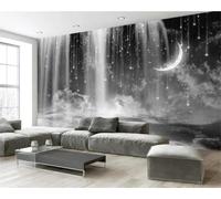 Mural en blanca y negro de cielo estrellado y luna en 3D papel pintado para salón pared de fondo y dormitorio; tapiz decorativo de estilo Art Déco