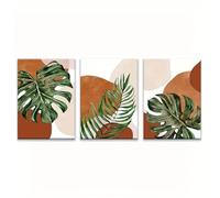 Mural estético con impresión en lienzo de hojas abstractas de estilo bohemio - 3 piezas de arte de pared - Pósteres e impresiones creativos para sala de estar (50 x 70 cm x 3 cm/marco interior)