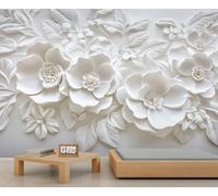 Mural floral en relieve blanco 3D, papel tapiz de flores simples y elegantes, mural de pared gigante para el hogar, sala de estar, comedor, decoración de pared (no autoadhesivo)