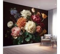 Mural Fotográfico 3D - Retro Margarita Peonía Plantas Floral Pintura de pared de lujo para interiores de sala de estar, Negro Póster decorativo ecológico para el hogar 350 x 256 cm