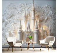 Mural fotográfico de castillo con escultura de papel 3D: diseño de castillo de cuento de hadas, efecto 3D para dormitorio y salón, decoración de pared en amarillo claro, 400 cm x 280 cm