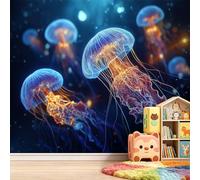 Mural fotográfico de fantasía de 450 x 280 cm de alto, animales costeros, medusas, no tejido, decoración de pared para sala de estar, dormitorio de niños, azul marino profundo, moderno, decoración