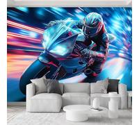 Mural fotográfico futurista de 200 cm de ancho x 140 cm de alto, decoración de pared no tejida de neón para sala de estar, dormitorio de niños, color negro oscuro, azul, moderno, decoración mural