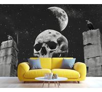 Mural gótico de calavera y luna para Halloween, arte de pared espeluznante de cuervo noche estrellada para sala de estar o dormitorio, mural de pared de decoración terrorífica para el hogar 250x175cm