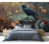 Mural gótico de un cuervo en un cementerio de rosas: arte oculto con calaveras para dormitorio, sala de estar y amantes de la decoración romántica oscura. 100x100cm (No es autoadhesivo)