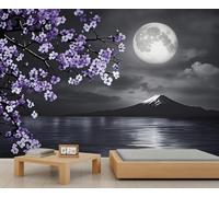Mural japonés, papel pintado de flores moradas para salón, montaña japonesa 150x105cm (no autoadhesivo)