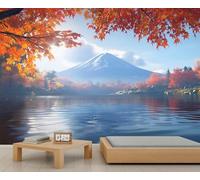 Mural japonés, papel pintado de la montaña Fuji para salón, montaña con hojas de otoño 350x254cm (no autoadhesivo)