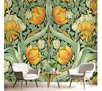 Mural Panorámico 3D Para Sala De Estar Papel Tapiz Amarillo Verdoso Flores De Tulipán Fondo Interior Decoración De Pared Arte Adhesivo Planta De William Morris Pintura De Seda Dormitorio,400X280Cm