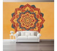Mural Panorámico Papel, Tapiz Amarillo Mostaza Minimalismo Arte Mandala Decoración De Pared Arte Adhesivo De Seda para Mueble Papel Pared Salon Cocina 250 x 175 cm（WxH