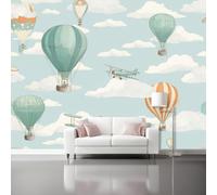 Mural Panorámico Papel, Tapiz Azul Cielo Dibujos Animados Lindo Nubes Globo Aerostático Decoración De Pared Arte Adhesivo De Seda para Mueble Papel Pared Salon Cocina 150 x 105 cm（WxH
