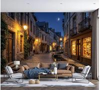 Mural Panorámico Papel, Tapiz Azul oscuro Ciudad retro Farolas por la noche Decoración De Pared Arte De Seda para Mueble Papel Pared Salon Cocina 400x280cm