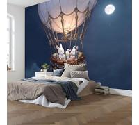 Mural Panorámico Papel, Tapiz Azul oscuro Paisaje De Estilo cuento hadas dibujos animados Globo aerostático Conejo Cielo estrellado Decoración De Pared Arte De Seda para Pared Salon Cocina 250x175cm