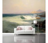 Mural Panorámico Papel, Tapiz Azul Pintura Al Óleo Costa Olas Decoración De Pared Arte Adhesivo De Seda para Mueble Papel Pared Salon Cocina 300 x 210 cm（WxH
