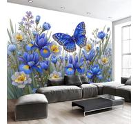 Mural Panorámico Papel, Tapiz Azul Plantas y flores Hojas de mariposa de iris Decoración De Pared Arte De Seda para Mueble Papel Pared Salon Cocina 300x210cm（WxH）