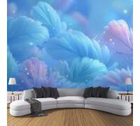 Mural Panorámico Papel, Tapiz Azul Tema de ensueño Pluma degradada estrellada Decoración De Pared Arte De Seda para Mueble Papel Pared Salon Cocina 300x210cm（WxH）