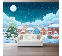 Mural Panorámico Papel, Tapiz Azul Verdoso Dibujos Animados Árboles Navidad Muñecos Nieve Decoración De Pared Arte Adhesivo De Seda para Mueble Papel Pared Salon Cocina 300 x 210 cm（WxH