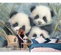 Mural Panorámico Papel, Tapiz Azul verdoso Paisaje De Animales salvajes Lindo panda de bambú. Decoración De Pared Arte De Seda para Mueble Papel Pared Salon Cocina 400x280cm（WxH