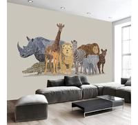 Mural Panorámico Papel, Tapiz Beige Paisaje De Animales simples Leones, cebras y elefantes. Decoración De Pared Arte De Seda para Mueble Papel Pared Salon Cocina 350x256cm（WxH