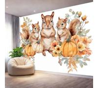 Mural Panorámico Papel, Tapiz Blanco Acuarela Ardilla Calabaza Decoración De Pared Arte Adhesivo De Seda para Mueble Papel Pared Salon Cocina 200 x 140 cm（WxH