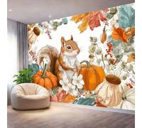 Mural Panorámico Papel, Tapiz Blanco Dibujos Animados Ardilla Calabaza Hojas Otoño Decoración De Pared Arte Adhesivo De Seda para Mueble Papel Pared Salon Cocina 300 x 210 cm（WxH