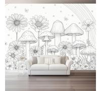 Mural Panorámico Papel, Tapiz Blanco Fantasía Flores Setas Decoración De Pared Arte Adhesivo De Seda para Mueble Papel Pared Salon Cocina 200 x 140 cm（WxH