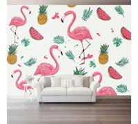 Mural Panorámico Papel, Tapiz Blanco Minimalismo Animales Flamencos Piñas Decoración De Pared Arte Adhesivo De Seda para Mueble Papel Pared Salon Cocina 150 x 105 cm（WxH