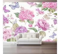 Mural Panorámico Papel, Tapiz Blanco Minimalismo Flores Hortensias Mariposas Decoración De Pared Arte Adhesivo De Seda para Mueble Papel Pared Salon Cocina 200 x 140 cm（WxH