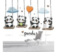 Mural Panorámico Papel, Tapiz Blanco Paisaje De Animales dibujados a mano Globo columpio de panda. Decoración De Pared Arte De Seda para Mueble Papel Pared Salon Cocina 350x256cm（WxH