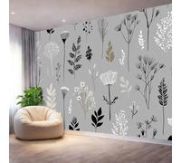 Mural Panorámico Papel, Tapiz Gris Minimalismo Plantas Hojas Decoración De Pared Arte Adhesivo De Seda para Mueble Papel Pared Salon Cocina 350 x 256 cm（WxH