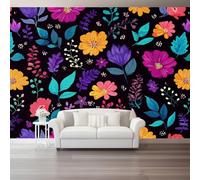 Mural Panorámico Papel, Tapiz Negro Grafiti Flores Hojas Decoración De Pared Arte Adhesivo De Seda para Mueble Papel Pared Salon Cocina 400 x 280 cm（WxH