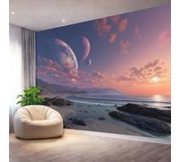 Mural Panorámico Papel, Tapiz Púrpura Rosado Surrealismo Fantasía Planetario Decoración De Pared Arte Adhesivo De Seda para Mueble Papel Pared Salon Cocina 400 x 280 cm（WxH