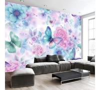 Mural Panorámico Papel, Tapiz Rosa Verde Flores de ensueño Flores mariposa Decoración De Pared Arte De Seda para Mueble Papel Pared Salon Cocina 350x256cm（WxH）