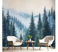 Mural Panorámico Papel, Tapiz Verde oscuro Paisaje De Ilustraciones de bosques Niebla de bosque de coníferas Decoración De Pared Arte De Seda para Mueble Papel Pared Salon Cocina 250x175cm（WxH