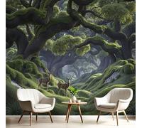 Mural Panorámico Papel, Tapiz Verde Paisaje De Ilustraciones de fantasía Ciervos en el bosque antiguo Decoración De Pared Arte De Seda para Mueble Papel Pared Salon Cocina 200x140cm（WxH