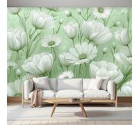 Mural Papel Pintado 3D 250Anx175Al cm, Flores Pintadas A Mano Margaritas Y Tulipanes Fotomurales Tela de Seda Antiarrugas Póster Verde salvia, Murales Fotográfico Moderno Decoración de Paredes