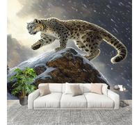 Mural Papel Pintado 3D 250x175cm Animal Leopardo De Las Nieves Fotomurales Tejido No Tejido Antiarrugas Póster Negro GrisáCeo Murales Fotográfico Moderno Decoración de Paredes