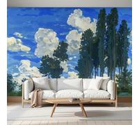 Mural Papel Pintado 3D 300Anx210Al cm, Pintura Al Óleo Álamos Celestes Fotomurales Tela de Seda Antiarrugas Póster Azul verdoso, Murales Fotográfico Moderno Decoración de Paredes