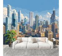 Mural Papel Pintado 3D 300x210 cm Ciudad Moderna Y PróSpera Fotomurales Tejido No Tejido Antiarrugas Póster Azul Murales Fotográfico Moderno Decoración de Paredes
