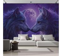 Mural Papel Pintado 3D 350Anx256Al cm, Animal Fantástico Oposición Lunar Lobo Fotomurales Tela de Seda Antiarrugas Póster Púrpura, Murales Fotográfico Moderno Decoración de Paredes