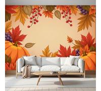 Mural Papel Pintado 3D 350Anx256Al cm, Tema Otoñal Uvas De Calabaza Fotomurales Tela de Seda Antiarrugas Póster Rojo anaranjado, Murales Fotográfico Moderno Decoración de Paredes