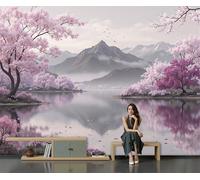 Mural Papel Pintado 3D 400Anx280Al cm, Paisaje Cerezos En Flor Del Lago Fotomurales Tela de Seda Antiarrugas Póster Rosa grisáceo, Murales Fotográfico Moderno Decoración de Paredes