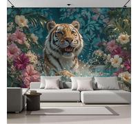 Mural Papel Pintado 3D 450Anx315Al cm, Animal Realista Tigre En La Bañera Fotomurales Tela de Seda Antiarrugas Póster Azul verdoso, Murales Fotográfico Moderno Decoración de Paredes