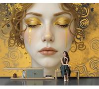 Mural Papel Pintado 3D 450Anx315Al cm, Figura Clásica Lágrimas De Mujer Fotomurales Tela de Seda Antiarrugas Póster Oro, Murales Fotográfico Moderno Decoración de Paredes