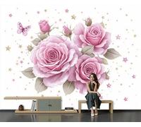 Mural Papel Pintado 3D 450Anx315Al cm, Flores Pintadas A Mano Rosas Mariposas Fotomurales Tela de Seda Antiarrugas Póster Rosa, Murales Fotográfico Moderno Decoración de Paredes