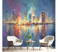 Mural Papel Pintado 3D Foto Mural Pintura Óleo Abstracta Reflexión Horizonte Ciudad Tv Fondo Pintura de Pared Decoración Fotomural Sala de Estar Pared Papel Tapiz Seda-200Anx140Al cm