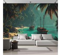Mural Papel Pintado 3D Foto Mural Playa De La Jungla Barco De Vela Tv Fondo Pintura de Pared Decoración Fotomural Sala de Estar Pared Papel Tapiz Seda-200Anx140Al cm