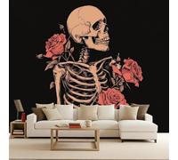 Mural Papel Pintado Calaveras Gótico Estilo Rosa Flores Murales 3D Papel Tapiz Fotográfico Tejido No Tejido Modernos Fotomurales Decorativos Pared Para Salon Dormitorio Oficina Decoración 150x105 cm